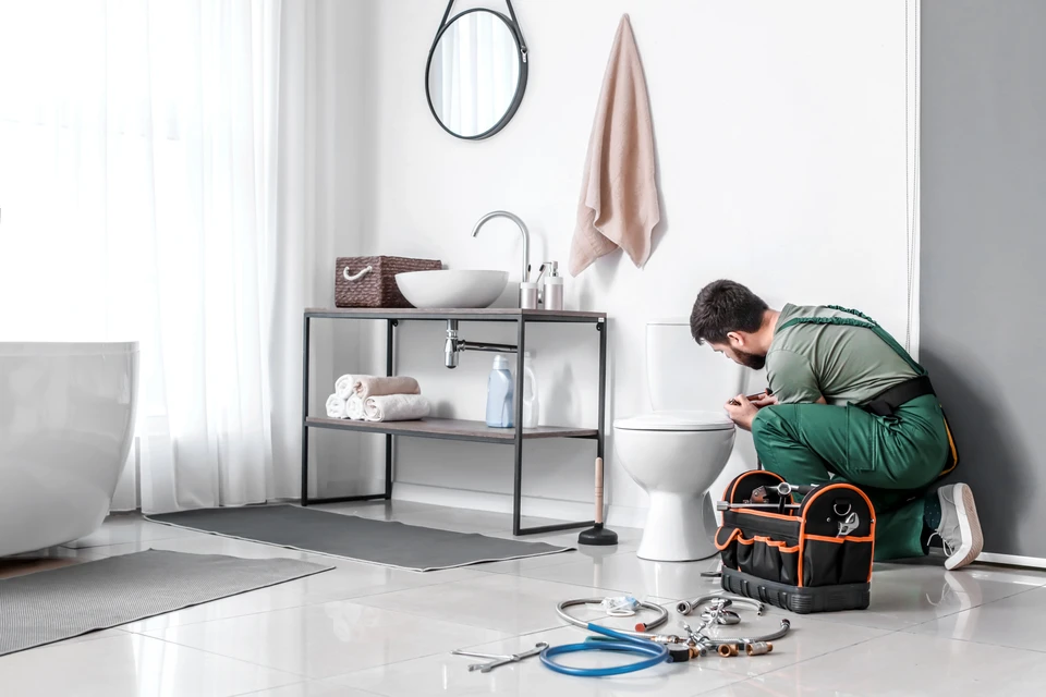 Plombier professionnel en salopette bleue et chemise à carreaux travaille dans une salle de bain moderne