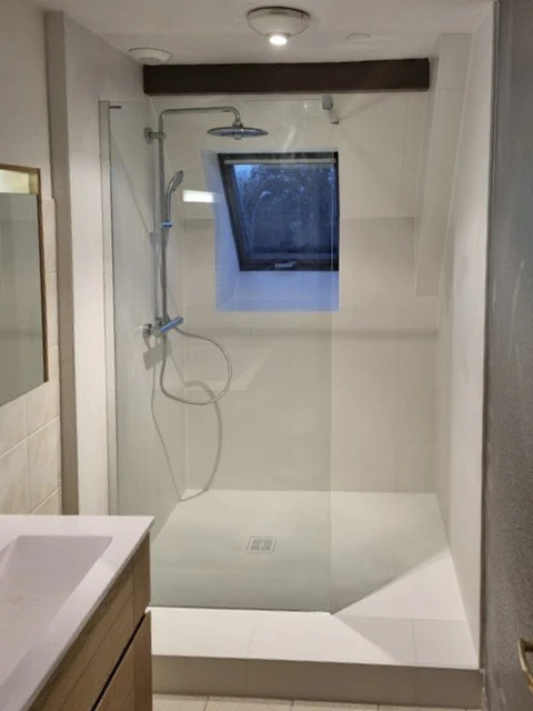 Salle de bain moderne rénovée avec douche à l'italienne, WC suspendu et vasque design