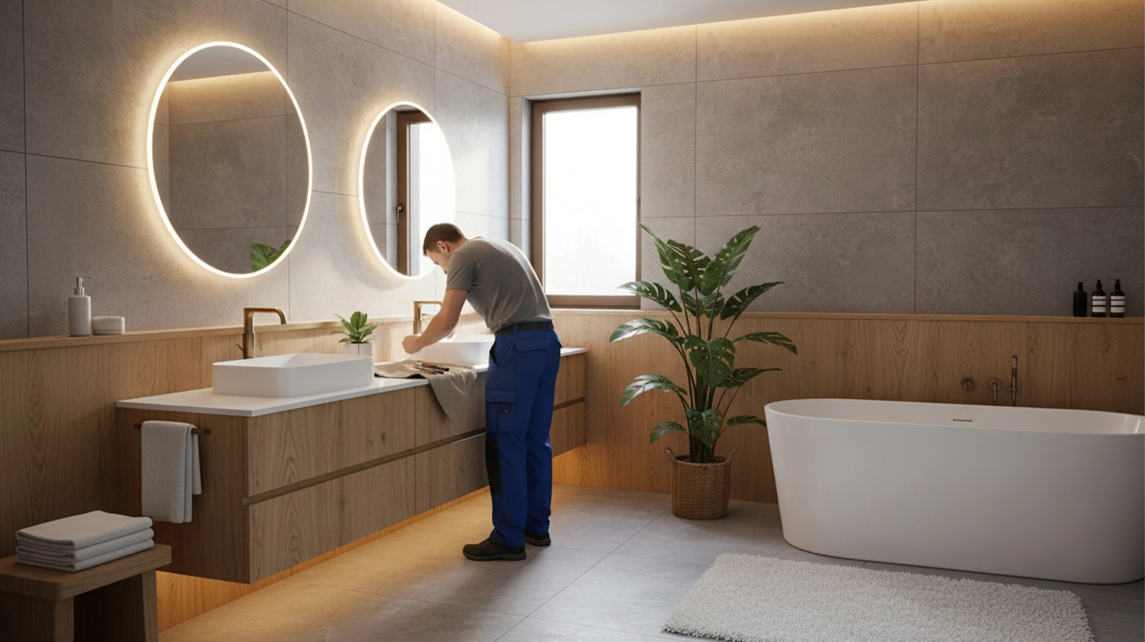 Salle de bains moderne avec baignoire blanche, lavabo rond sur meuble suspendu noir, robinetterie murale