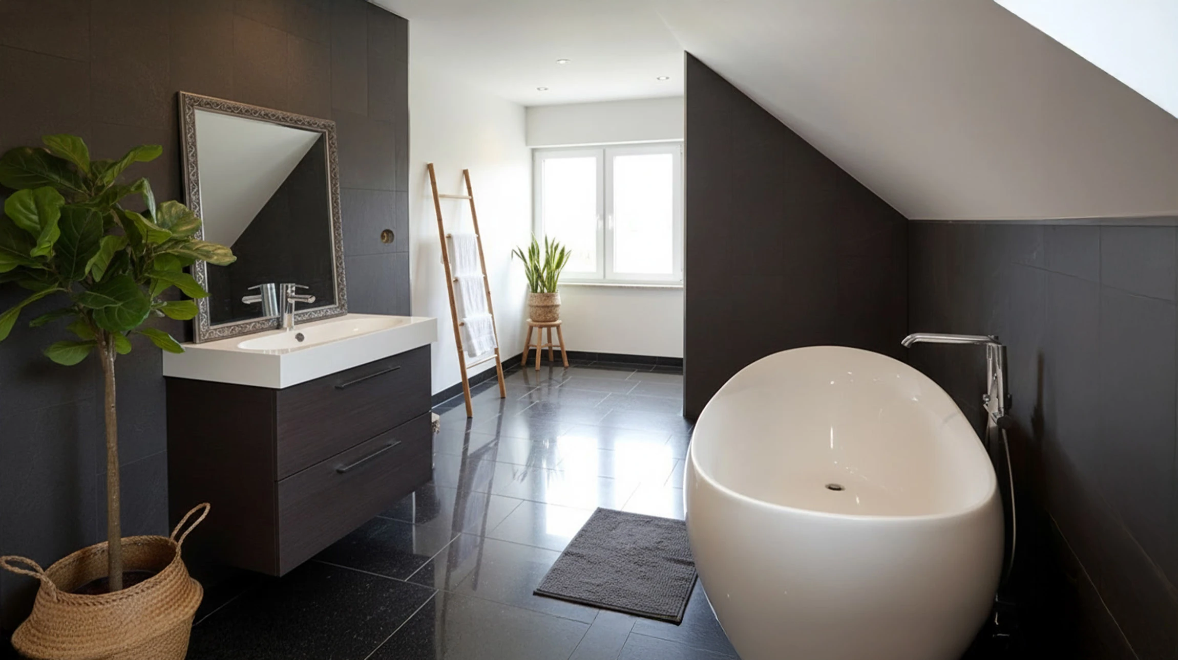 Salle de bain moderne avec baignoire d'angle asymétrique blanche équipée de jets hydromassants et robinetterie chromée à cascade