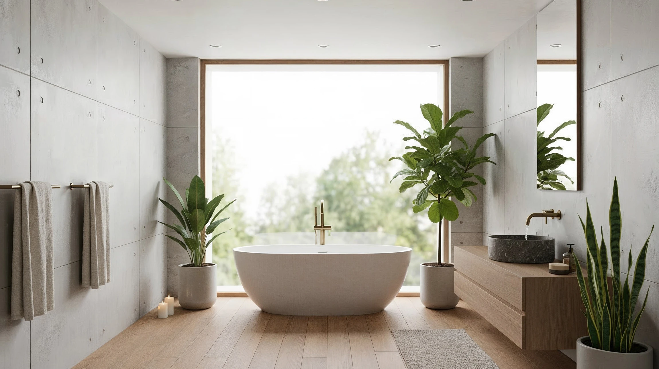 Salle de bain moderne haut de gamme avec baignoire îlot blanche ovale, meuble vasque suspendu gris laqué, double vasque à poser, grande douche à l'italienne carrelée