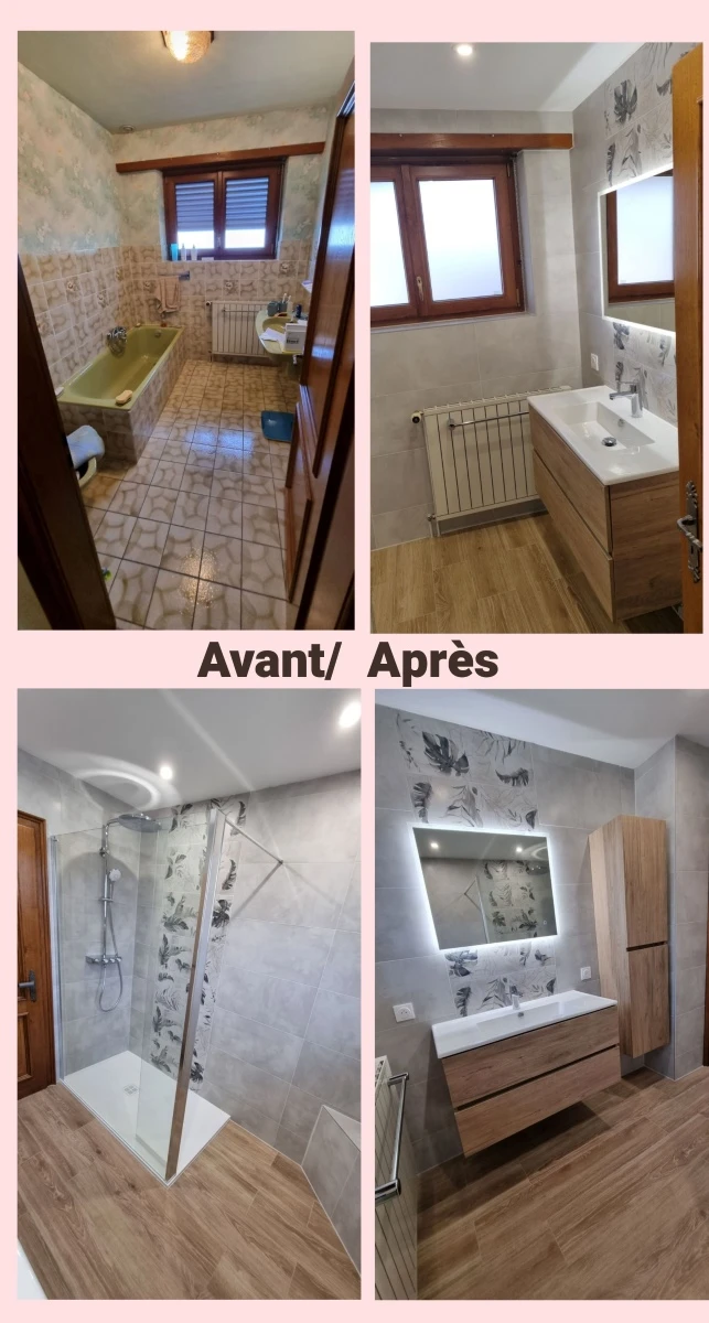 Salle de bain moderne compacte avec baignoire d'angle équipée d'un pare-douche en verre, WC suspendu blanc, meuble vasque suspendu blanc avec tiroirs et robinetterie chromée