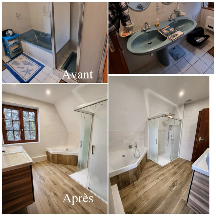 Salle de bain moderne avec douche d'angle à portes coulissantes en verre trempé, cadre chromé
