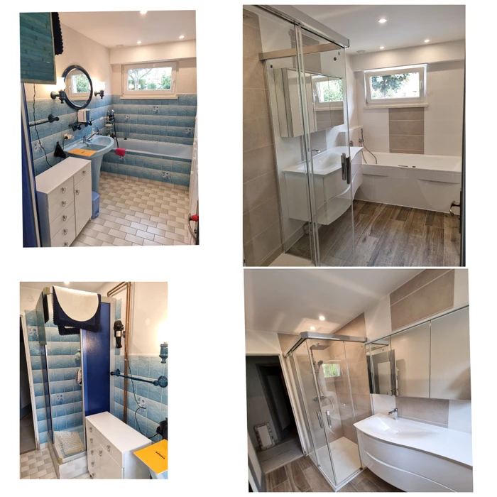 Salle de bain moderne sous combles avec baignoire d'angle blanche et cabine de douche vitrée