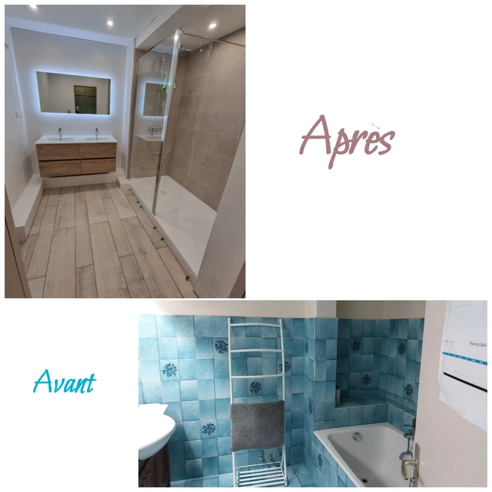 Salle de bain moderne compacte avec baignoire d'angle équipée d'un pare-douche en verre, WC suspendu blanc, meuble vasque suspendu blanc avec tiroirs et robinetterie chromée